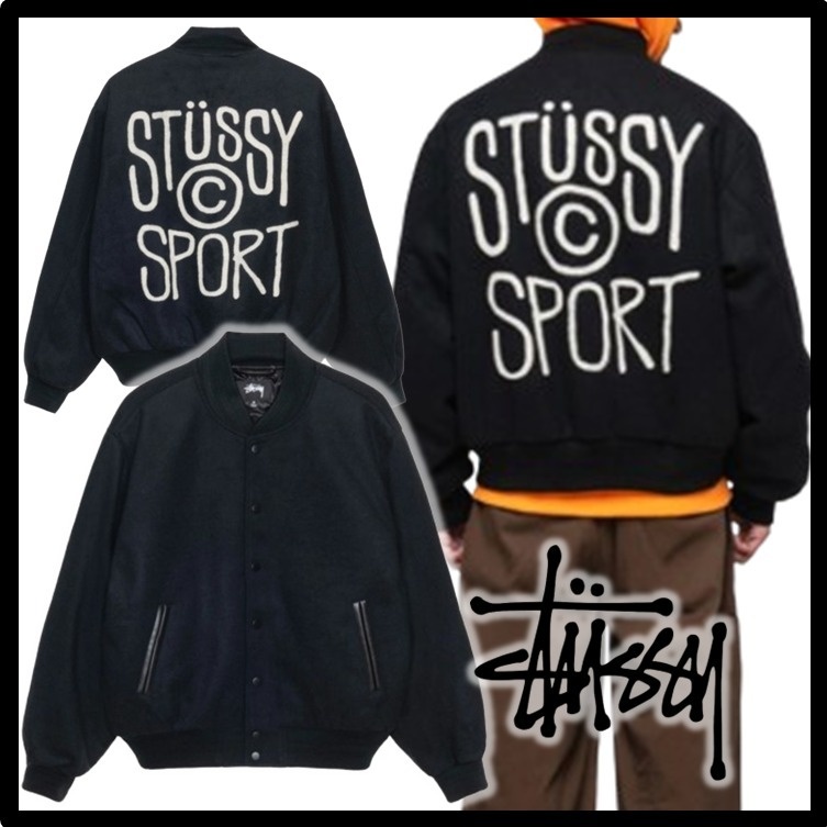 【ステューシー】 SPORT MELTON VARSITY JACKET BLACK